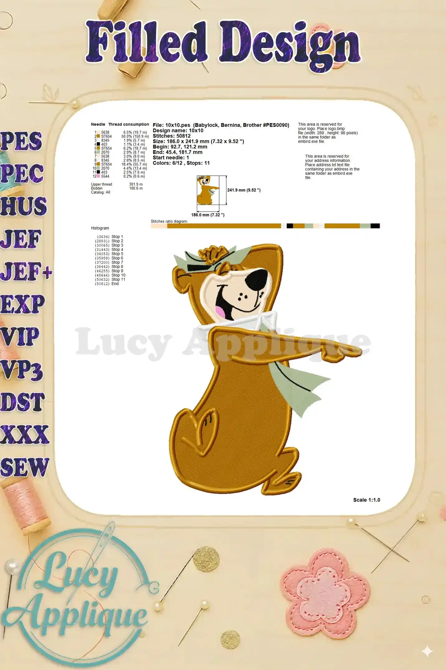 Needle thread consumption and design specifications for the Yogi Bear embroidery design, including size and stitch details.