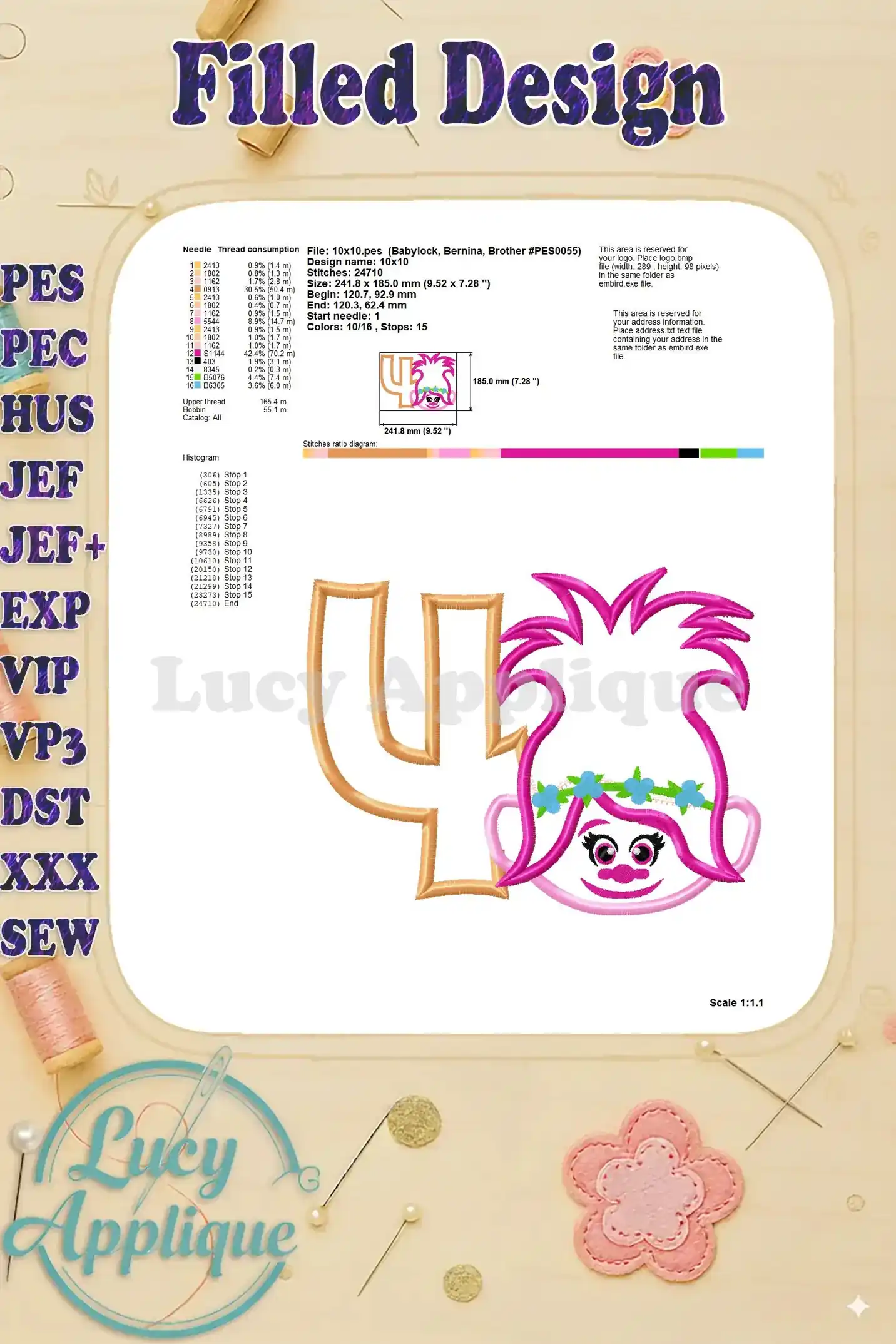 Filled design showing the back of the embroidery, with details on thread consumption, design size, and other technical information.