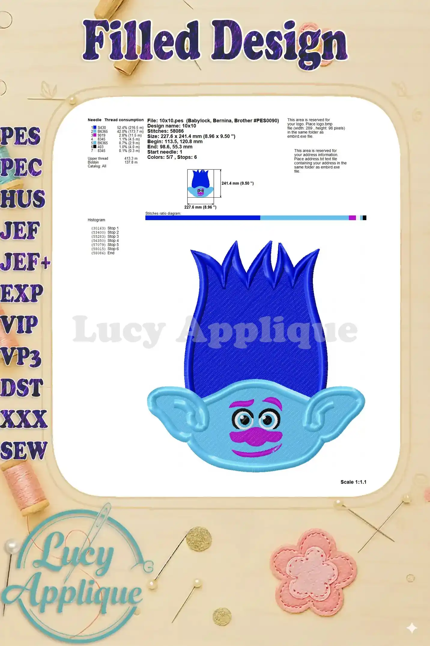 Needle thread consumption chart and other details for the Trolls Branch embroidery design, including design size and stitch details.