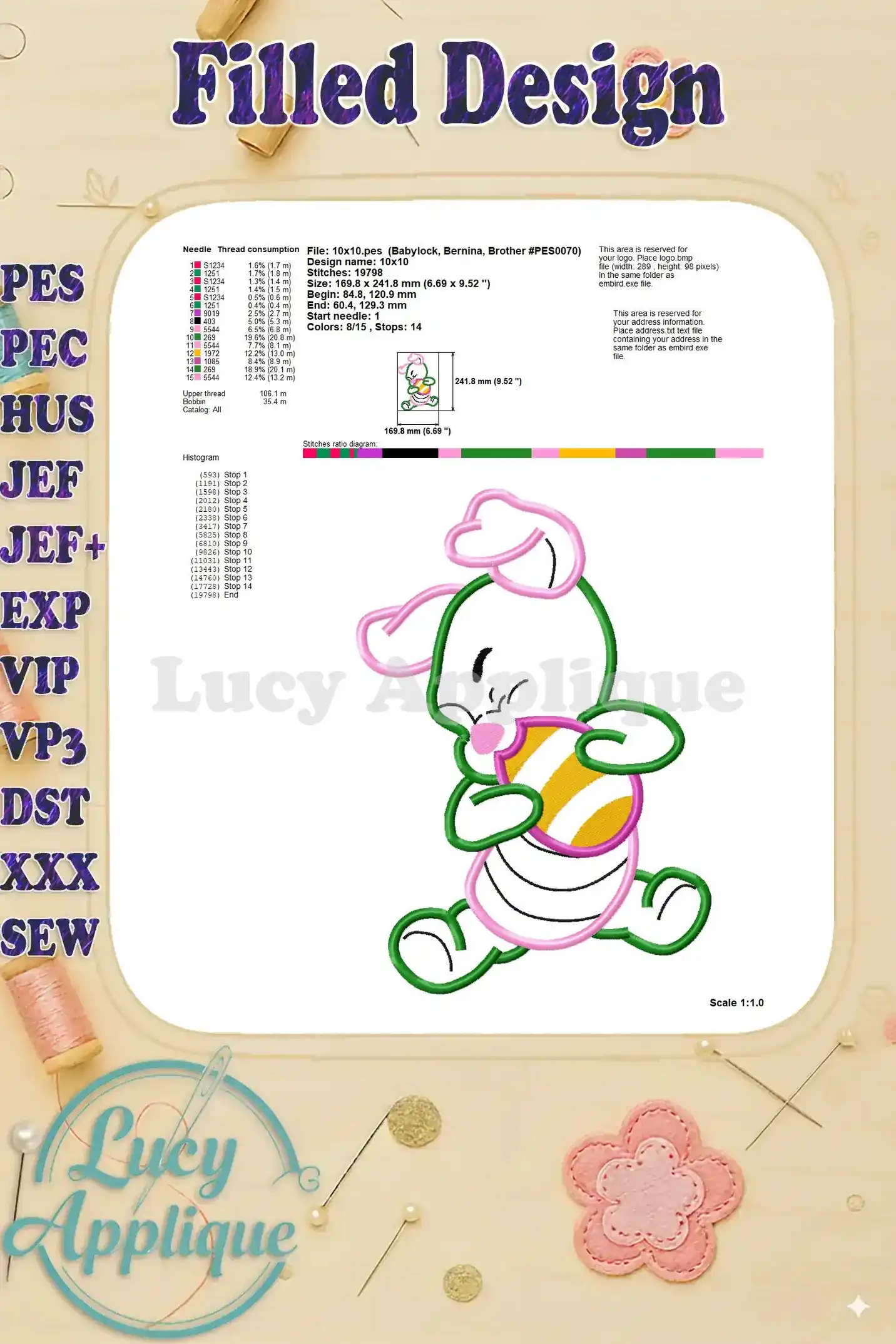 Detailed information about the filled design including needle and thread consumption, design size, and stitch count. Easy to follow instructions.