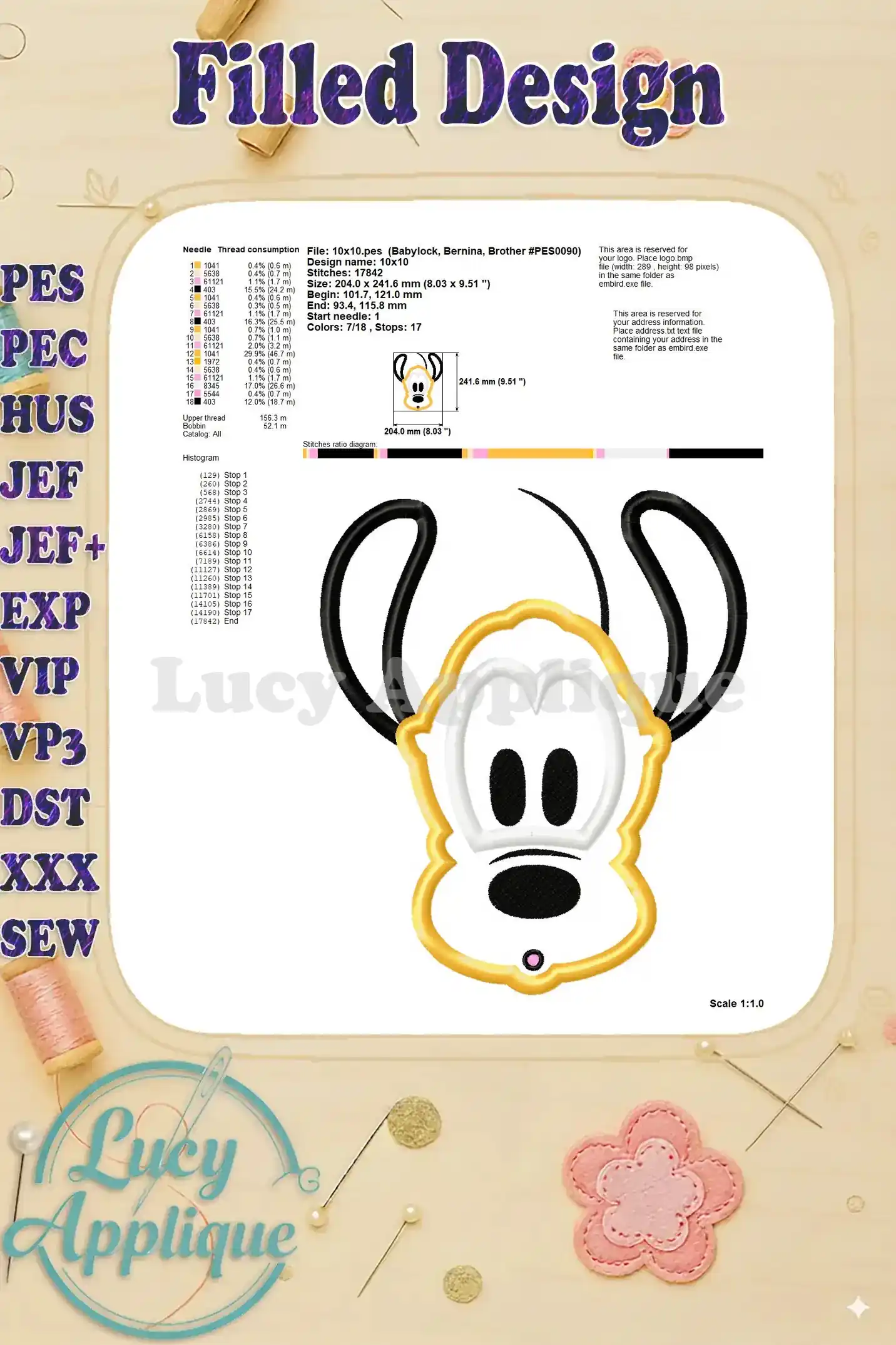 Detailed information on the filled Pluto embroidery design, showing stitch counts, thread consumption, and size details.