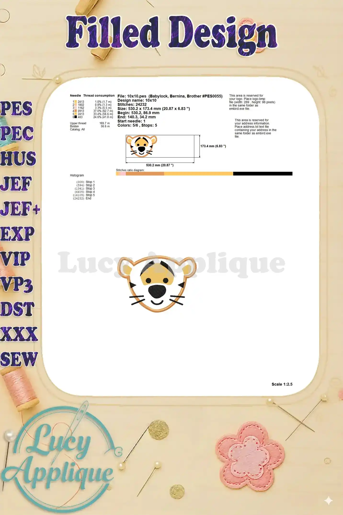Detailed image showing the filled design of Tigger's face, including needle consumption and design specifications.