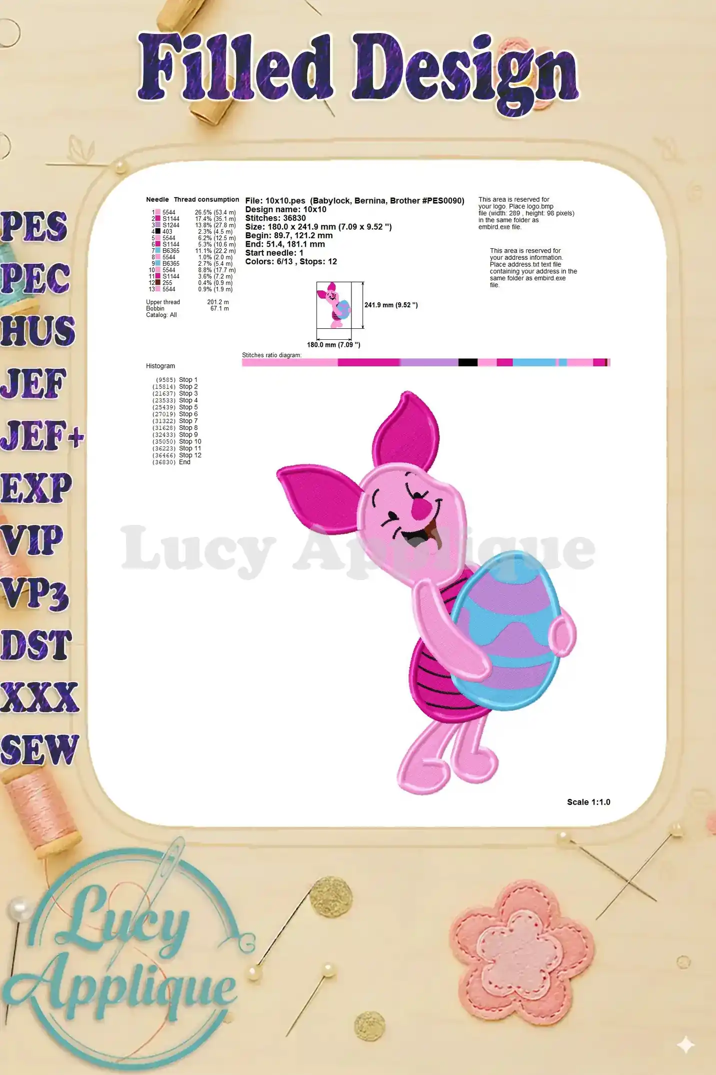 Detailed image of the Easter Piglet embroidery design, including needle and thread information, stitch count, and scale. Helpful for preparation.