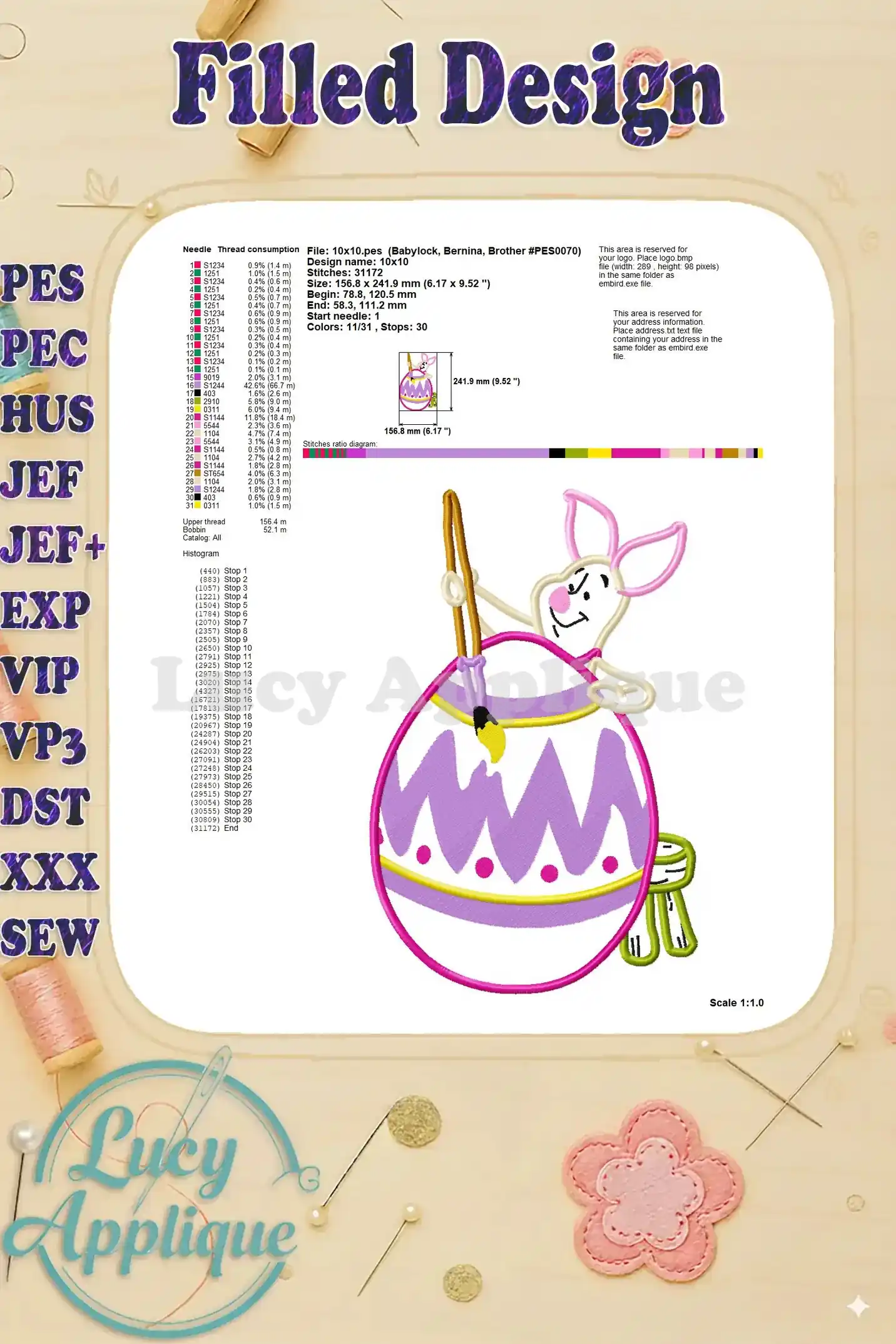 Detailed information about the filled design, including thread consumption, stitch count, and scale. Design for Babylock, Bernina, Brother embroidery machines.