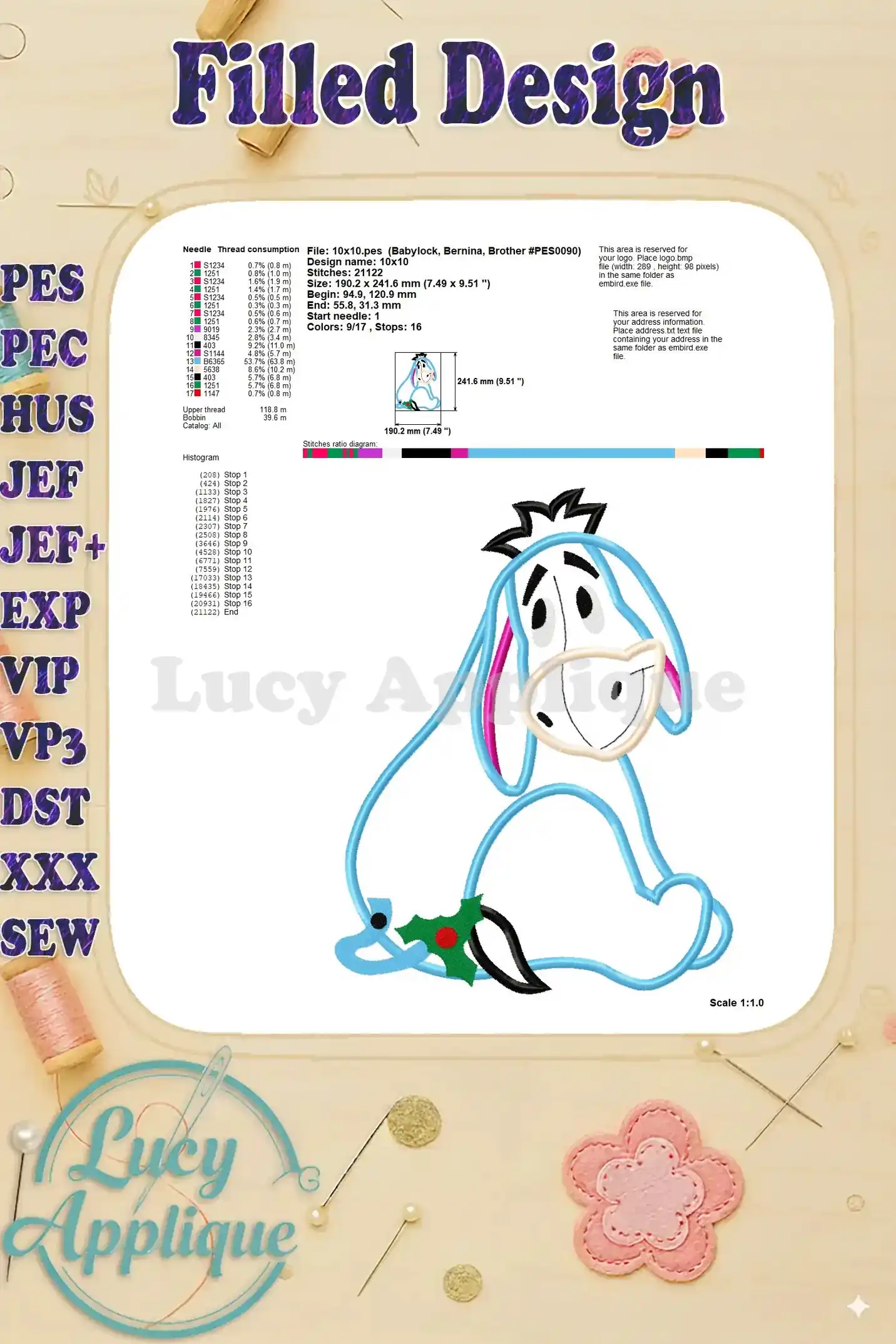 Needle thread consumption chart and design specifics for the Eeyore applique embroidery design, offering a detailed overview.
