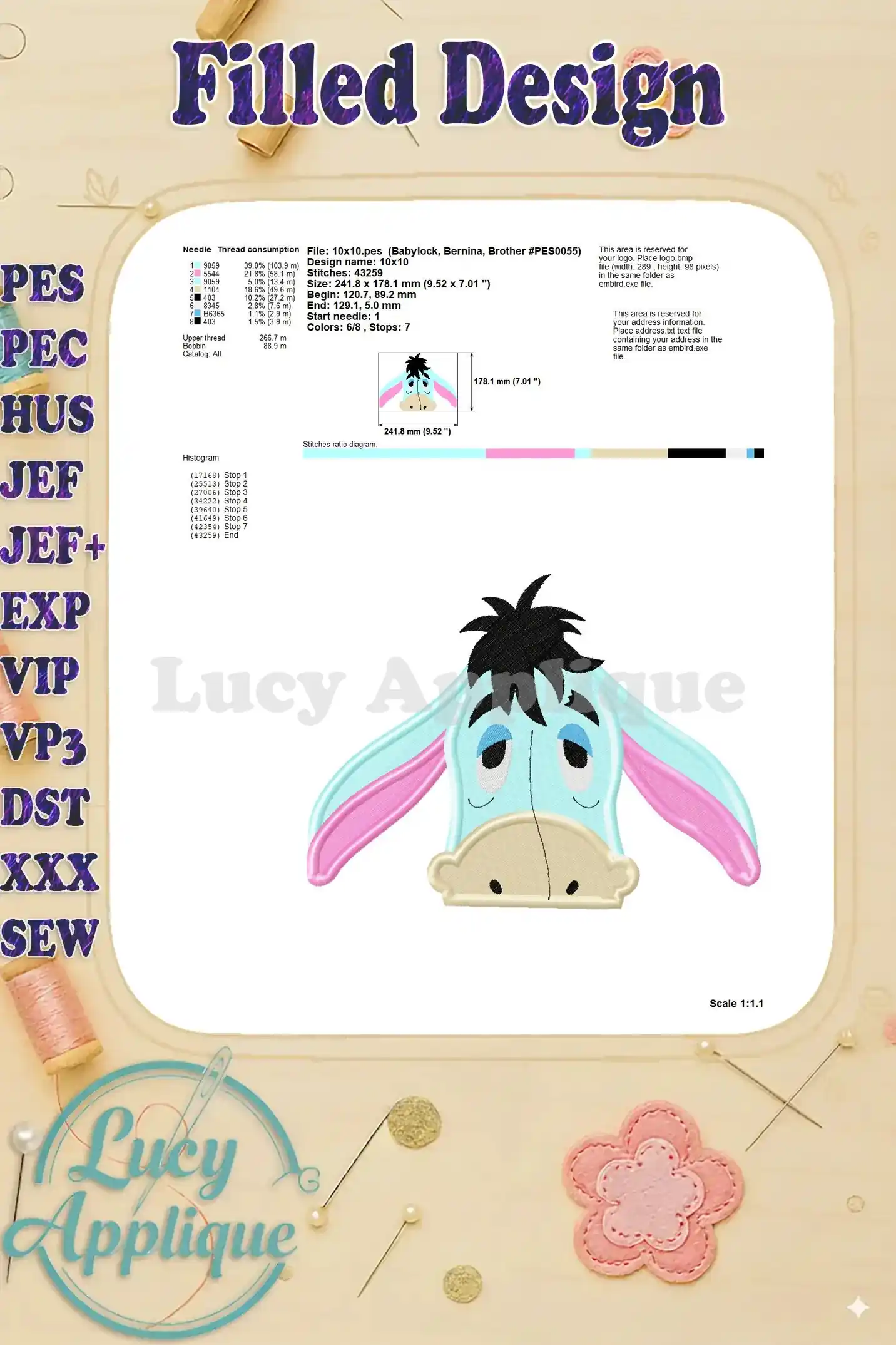 Diagram showing stitch details, thread consumption, and other technical embroidery information for the Eeyore design.