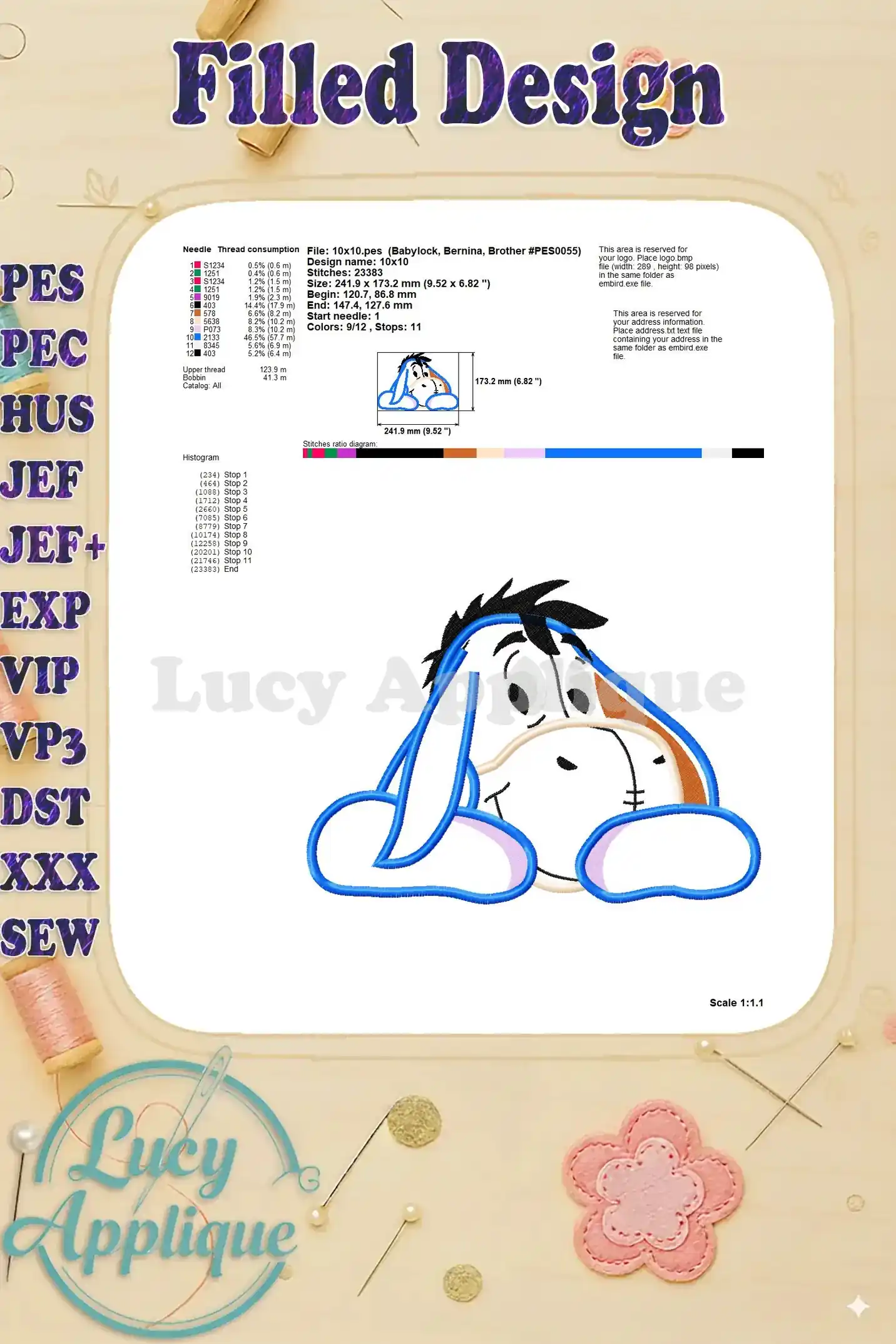 Filled design details for Eeyore applique, including needle thread consumption, design size, stitch count, and other essential information.