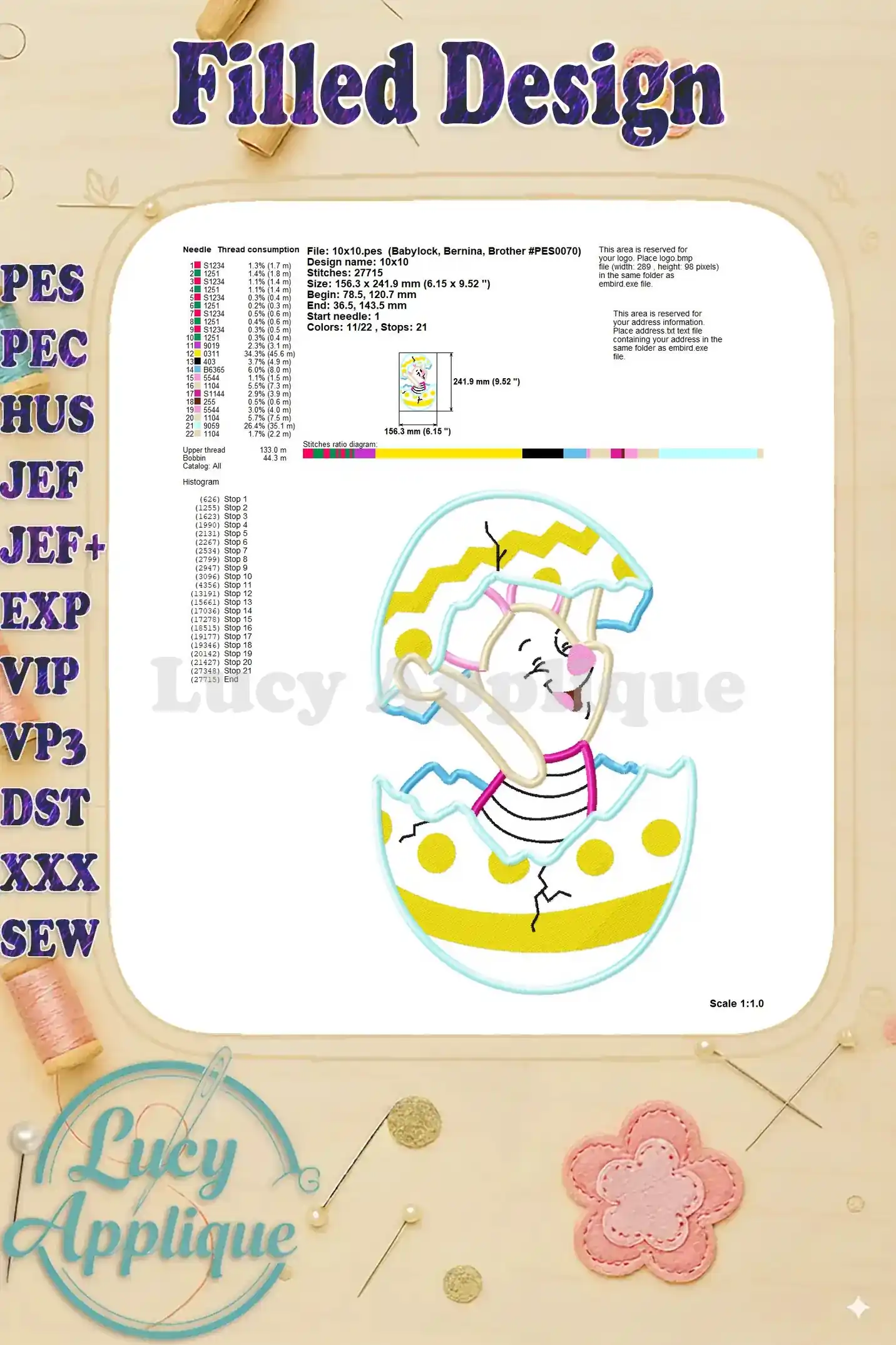 Detailed information on needle, thread consumption, and stitch diagram for the filled Piglet Easter applique design.