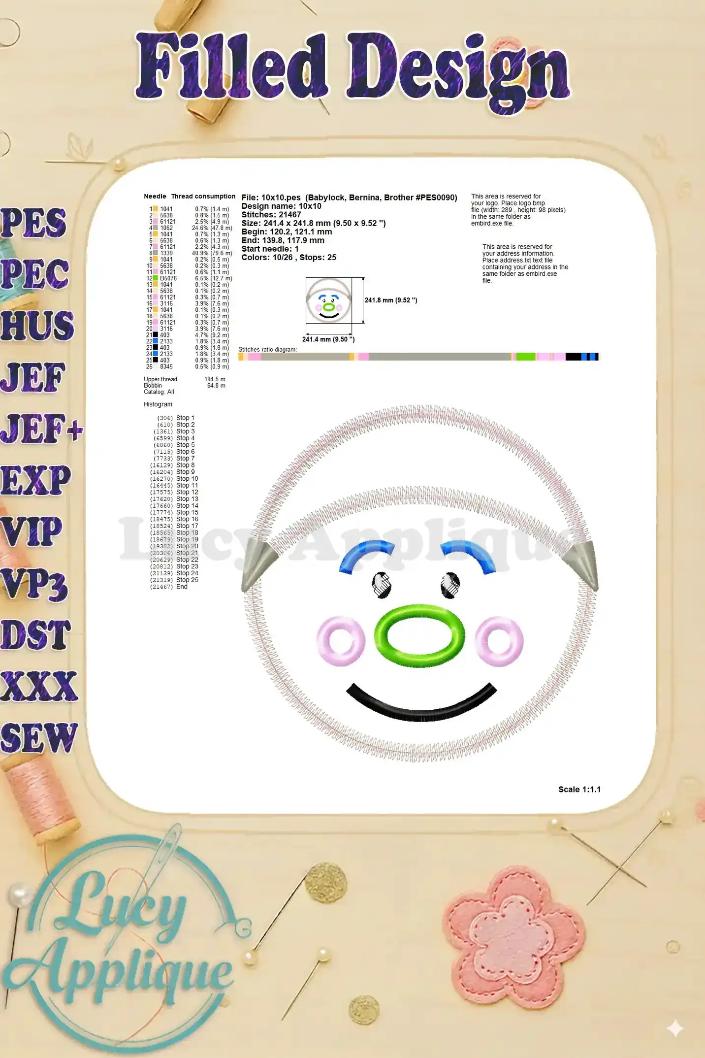 Detailed worksheet for the filled Guy Diamond Trolls applique design, including thread consumption, stitch details, and design specifications.