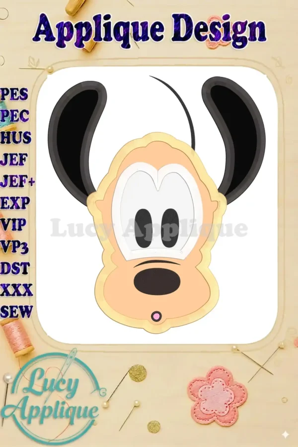 Adorable applique embroidery design of Pluto. Features simple, bold lines and a charming expression, perfect for beginners. Includes various file formats.