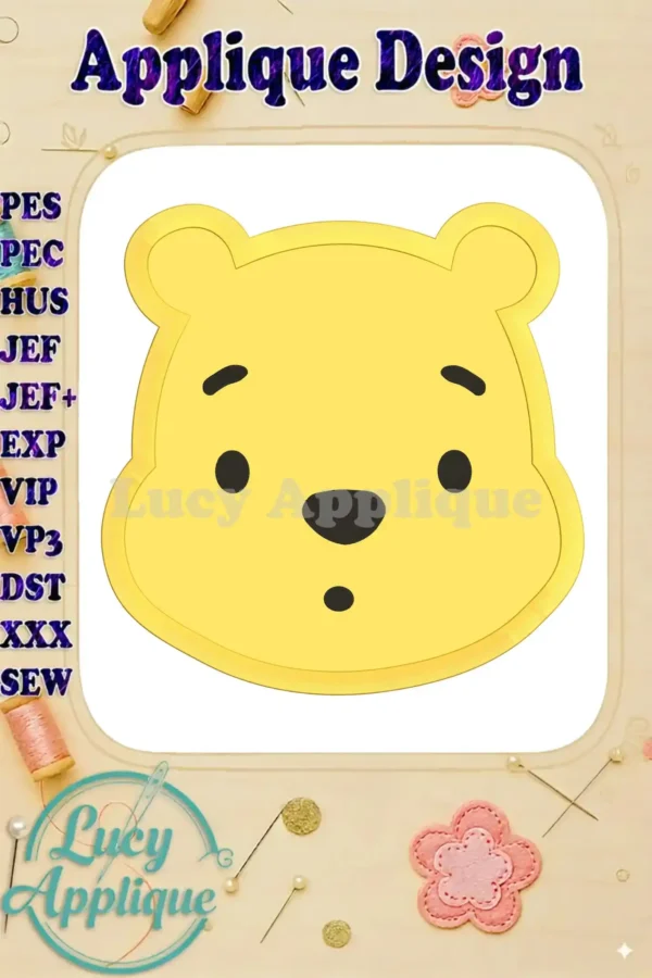 Adorable Winnie the Pooh applique embroidery design. This image shows a cute Pooh face, ready to be stitched onto various projects. Perfect for beginners!