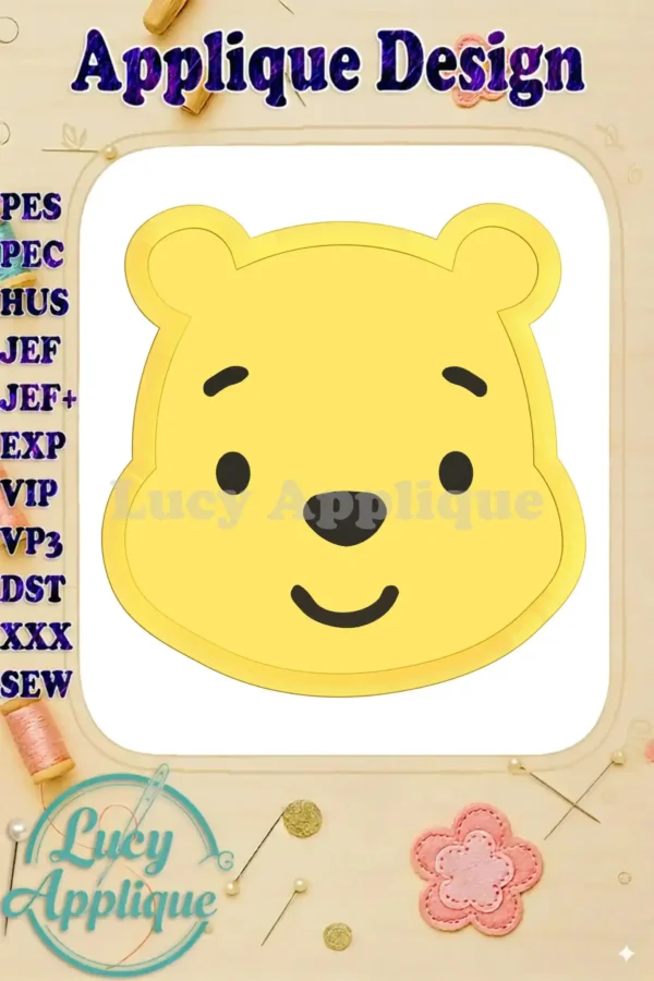 Applique design of Winnie the Pooh's smiling face. The design is outlined in a square and includes various file format options.