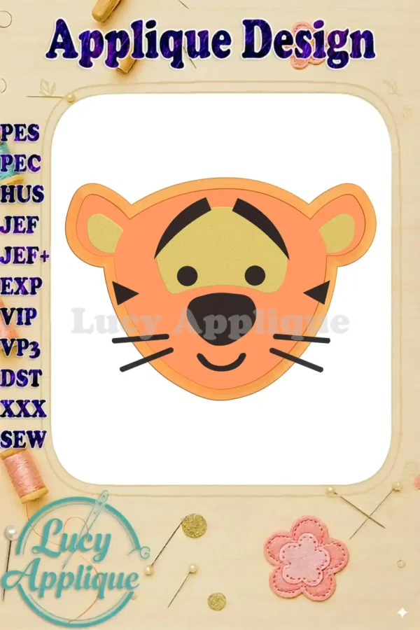 Adorable applique embroidery design of Tigger's face from Disney's Winnie the Pooh. Perfect for adding a touch of whimsy to your projects!