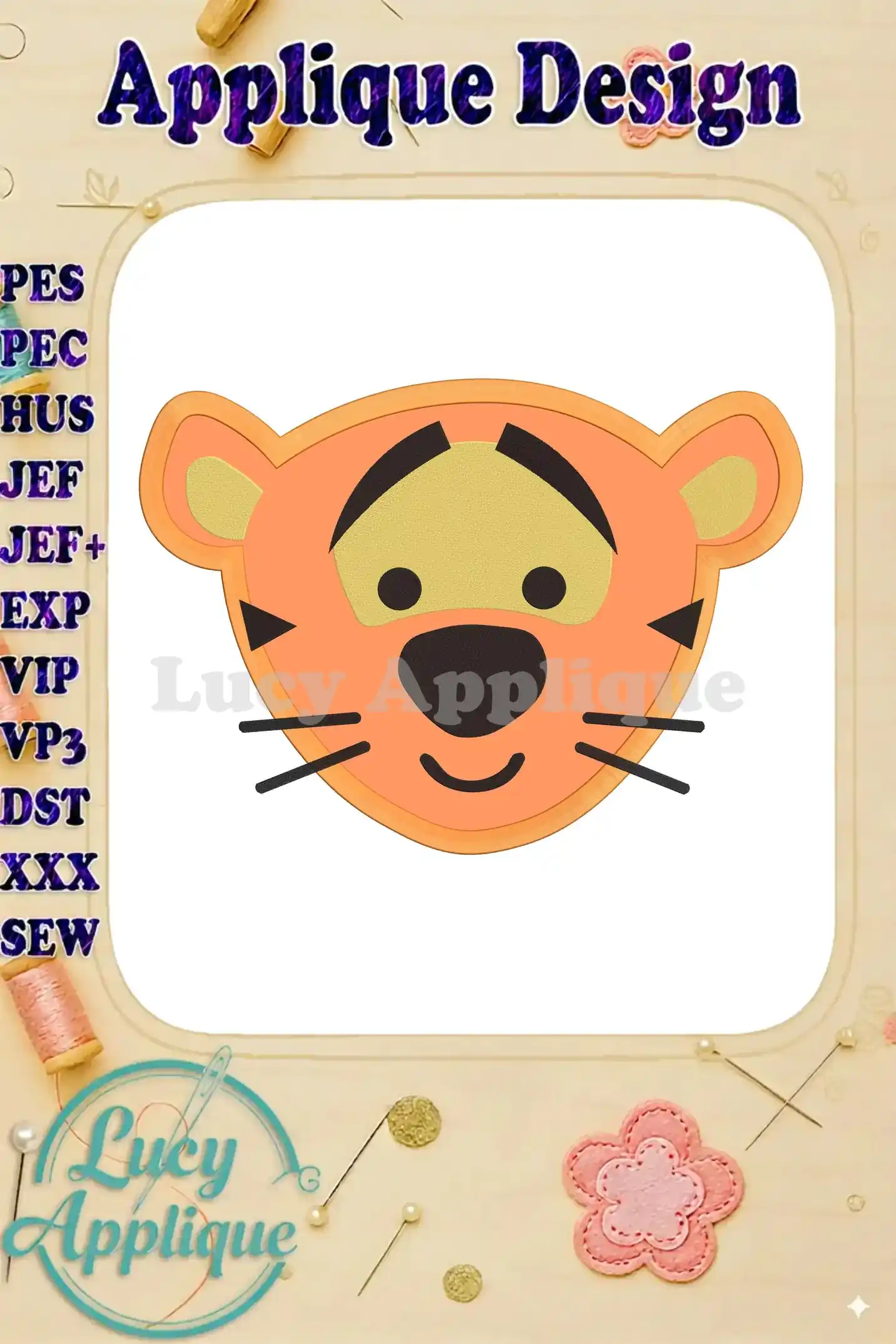 Adorable applique embroidery design of Tigger's face from Disney's Winnie the Pooh. Perfect for adding a touch of whimsy to your projects!