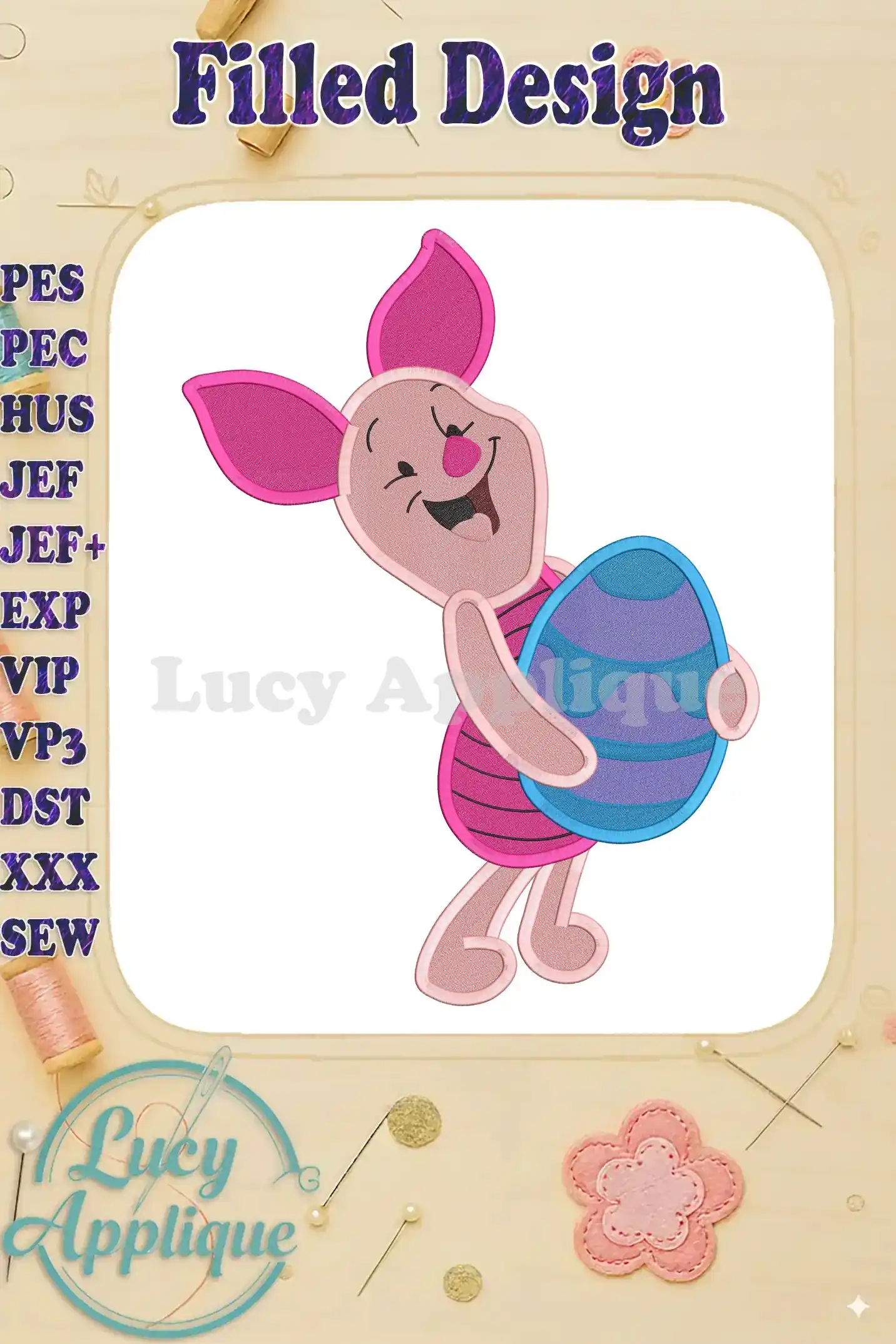 Adorable Easter Piglet filled embroidery design, showcasing Piglet holding a pastel Easter egg. Perfect for Easter crafts and projects. High-quality design with vibrant colors.