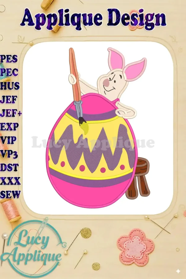 Embroidery design of Piglet from Winnie the Pooh decorating an Easter egg. Applique design in PES, PEC, HUS, JEF, JEF