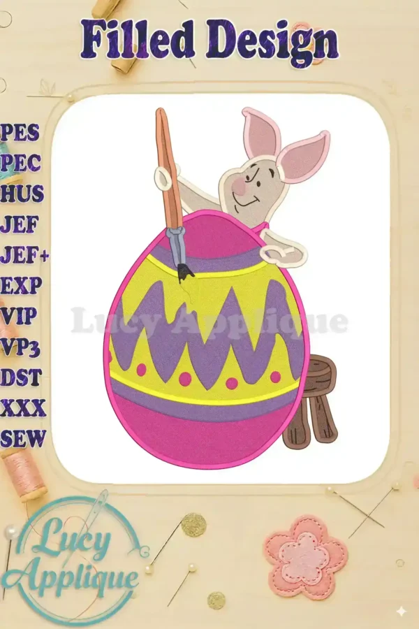 Embroidery design of Winnie the Pooh piglet painting an Easter egg. Filled stitch design, cheerful colors, perfect for Easter projects. Includes PES, HUS, JEF, JEF
