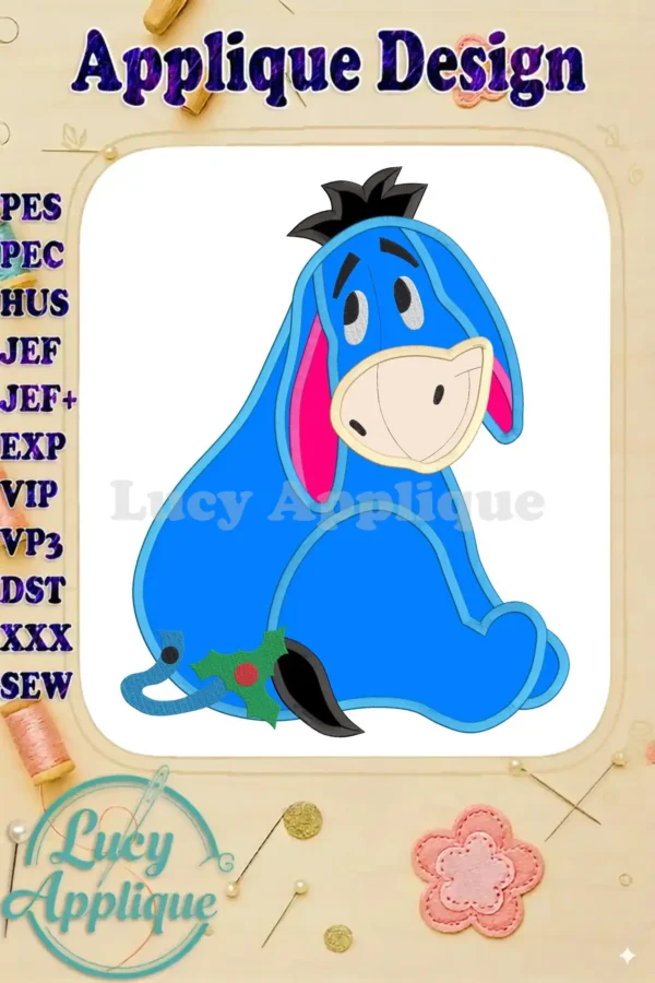 Eeyore applique embroidery design, showcasing a charming sitting pose with a holly sprig. The design is presented on a white background, with various file formats listed.