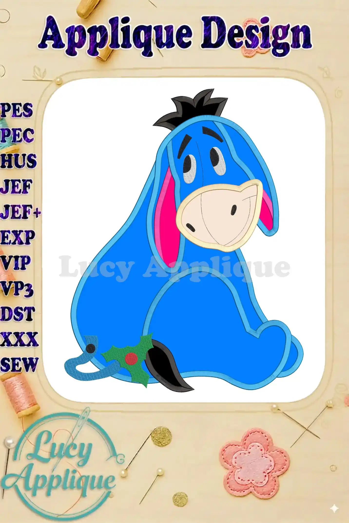 Eeyore applique embroidery design, showcasing a charming sitting pose with a holly sprig. The design is presented on a white background, with various file formats listed.