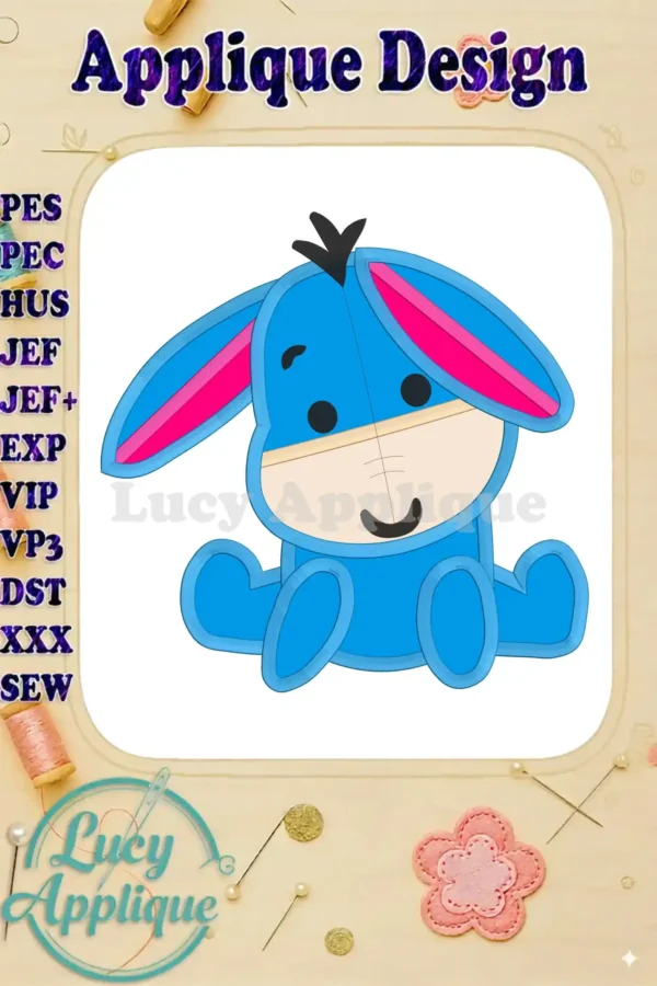 Eeyore Applique Embroidery Design: A charming illustration of Eeyore, Winnie the Pooh's donkey friend, ready to be stitched. Perfect for adding a touch of whimsy to your projects.