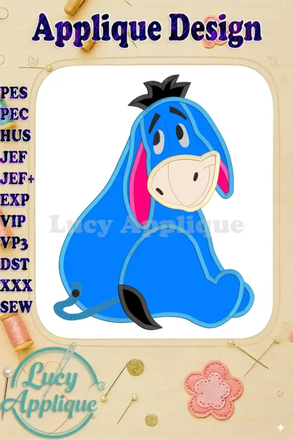 Embroidery design of Eeyore, Winnie-the-Pooh's donkey friend, in a sweet sitting pose. Applique design with colorful details.