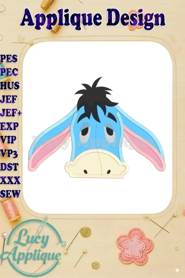 Eeyore Applique Embroidery Design. This image showcases a charming Eeyore face, ready to be stitched. The design is presented on a white background, with various file formats listed.