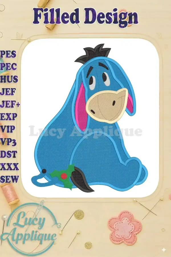 Eeyore filled embroidery design. Shows a charming depiction of Eeyore from Winnie-the-Pooh, sitting and holding a holly. Perfect for applique projects.