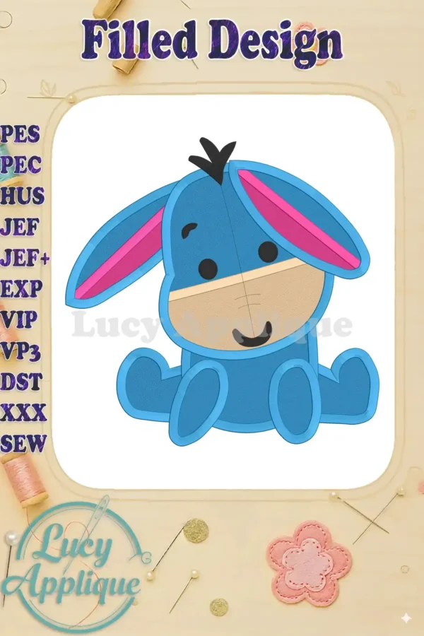 Embroidery design of Eeyore, Winnie the Pooh's donkey friend, in a cute, filled style. The design is ready to be stitched on various fabrics.