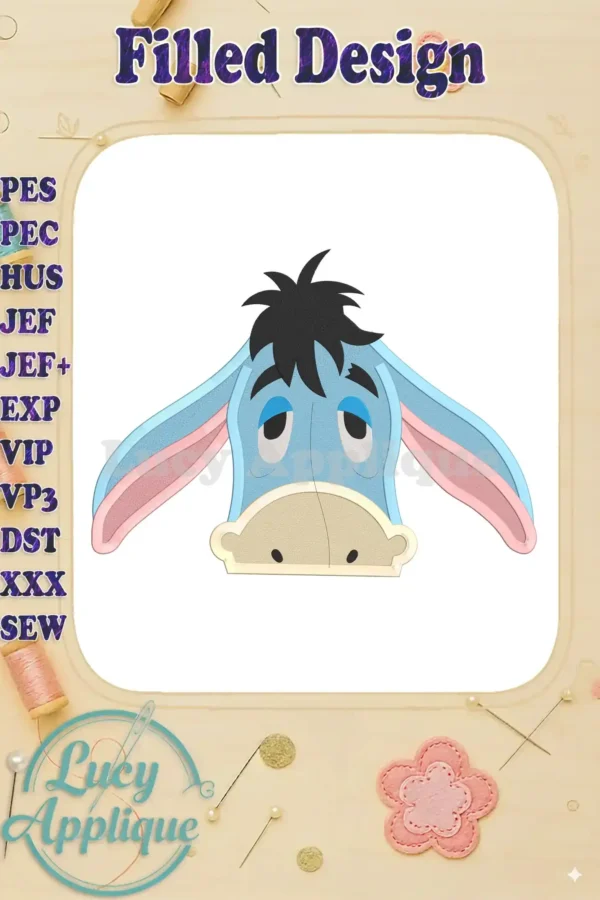 Embroidery design of Eeyore's face, filled stitches, light blue and pink, simple and charming, suitable for various projects.