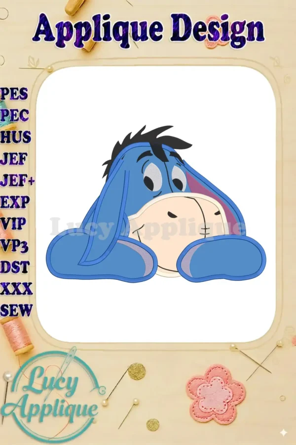 Eeyore Winnie the Pooh applique design. A charming, simplistic design featuring Eeyore lying down, perfect for embroidery projects.