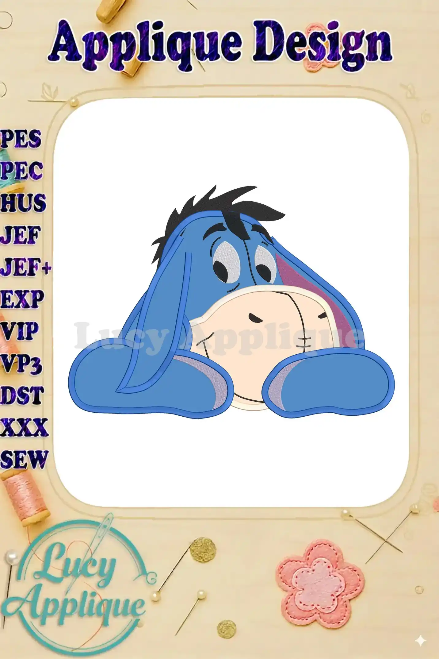 Eeyore Winnie the Pooh applique design. A charming, simplistic design featuring Eeyore lying down, perfect for embroidery projects.