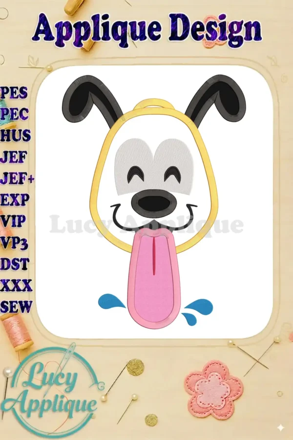Happy Pluto Disney applique embroidery design. Features a smiling Pluto with tongue out, perfect for adding a touch of Disney magic to your projects.