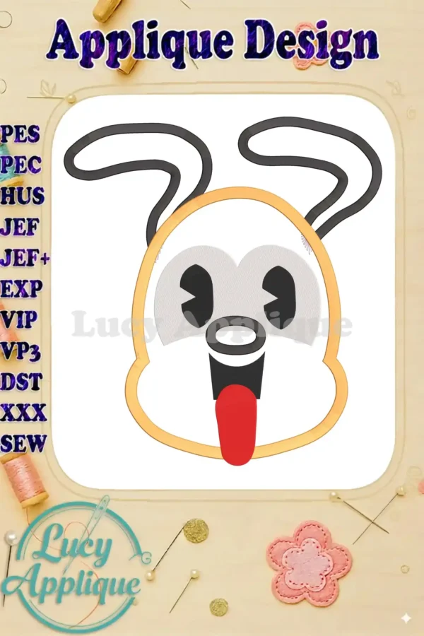 Applique embroidery design of Pluto, Disney's happy pup. The design shows Pluto's cheerful face with his tongue sticking out, ready to be stitched onto a project.