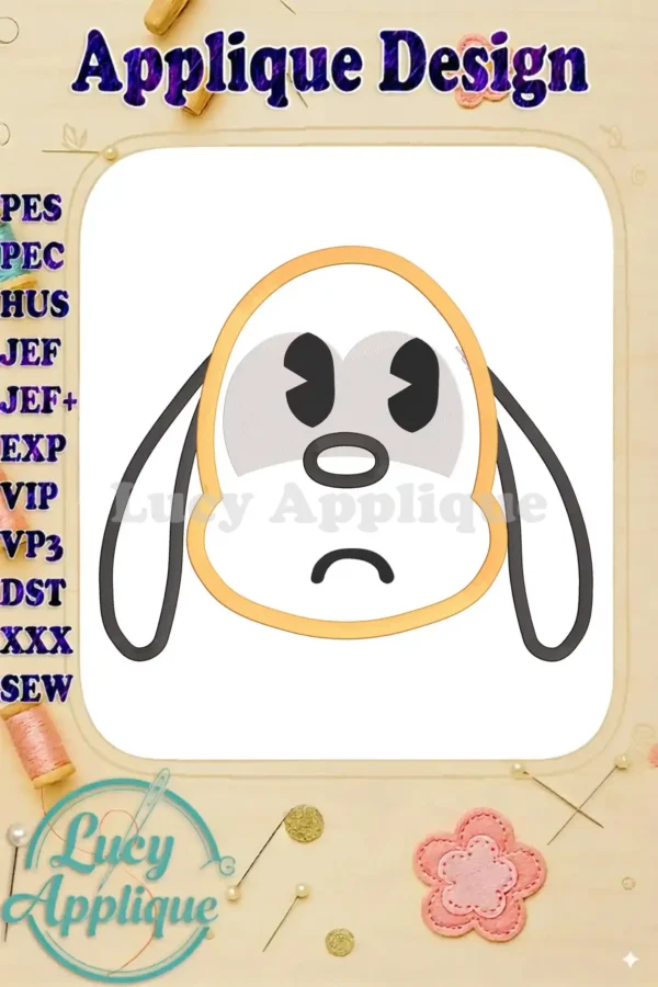 Main image showcasing a sad Pluto emoji applique embroidery design, ready to be stitched. The design is presented on a white background with a yellow outline.
