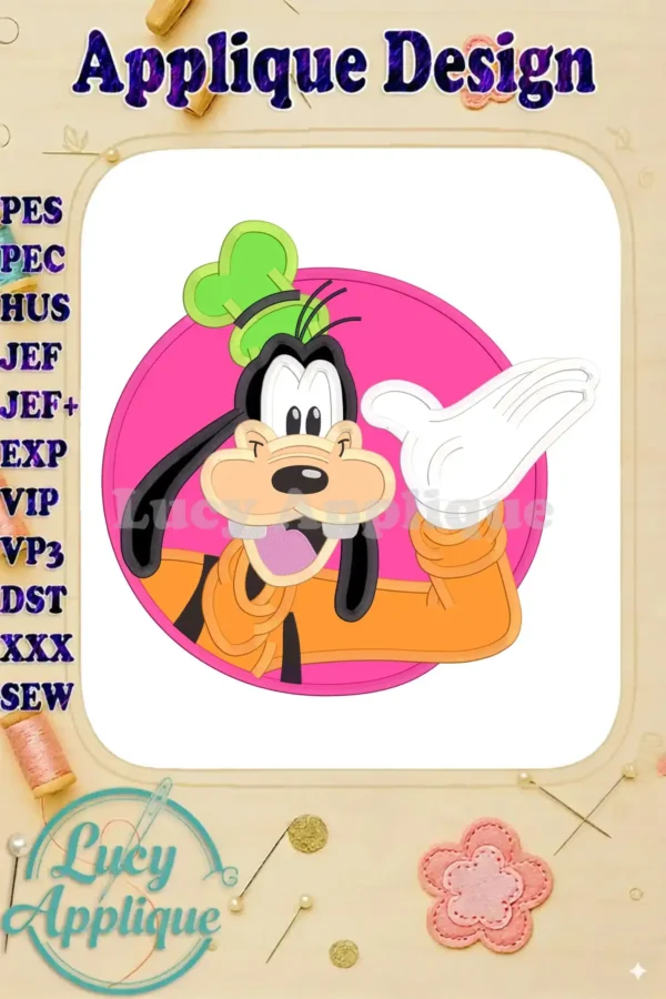 Goofy's smiling face in a pink circle, ready to be stitched! This applique design is available in multiple formats for various embroidery machines. Perfect for adding a touch of Disney to your projects.