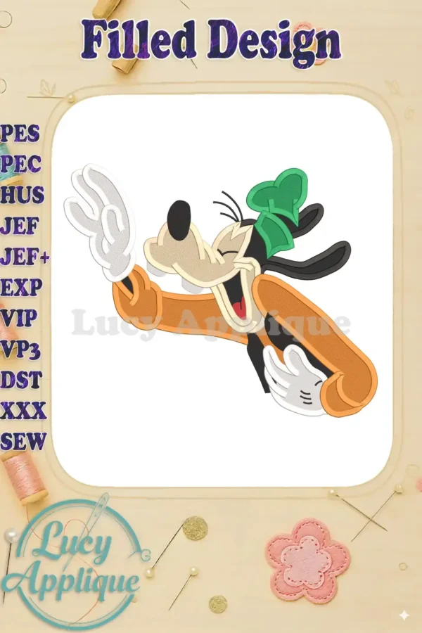 Goofy Fill Embroidery Design showcasing Goofy waving with a playful expression. This filled design is perfect for various projects.