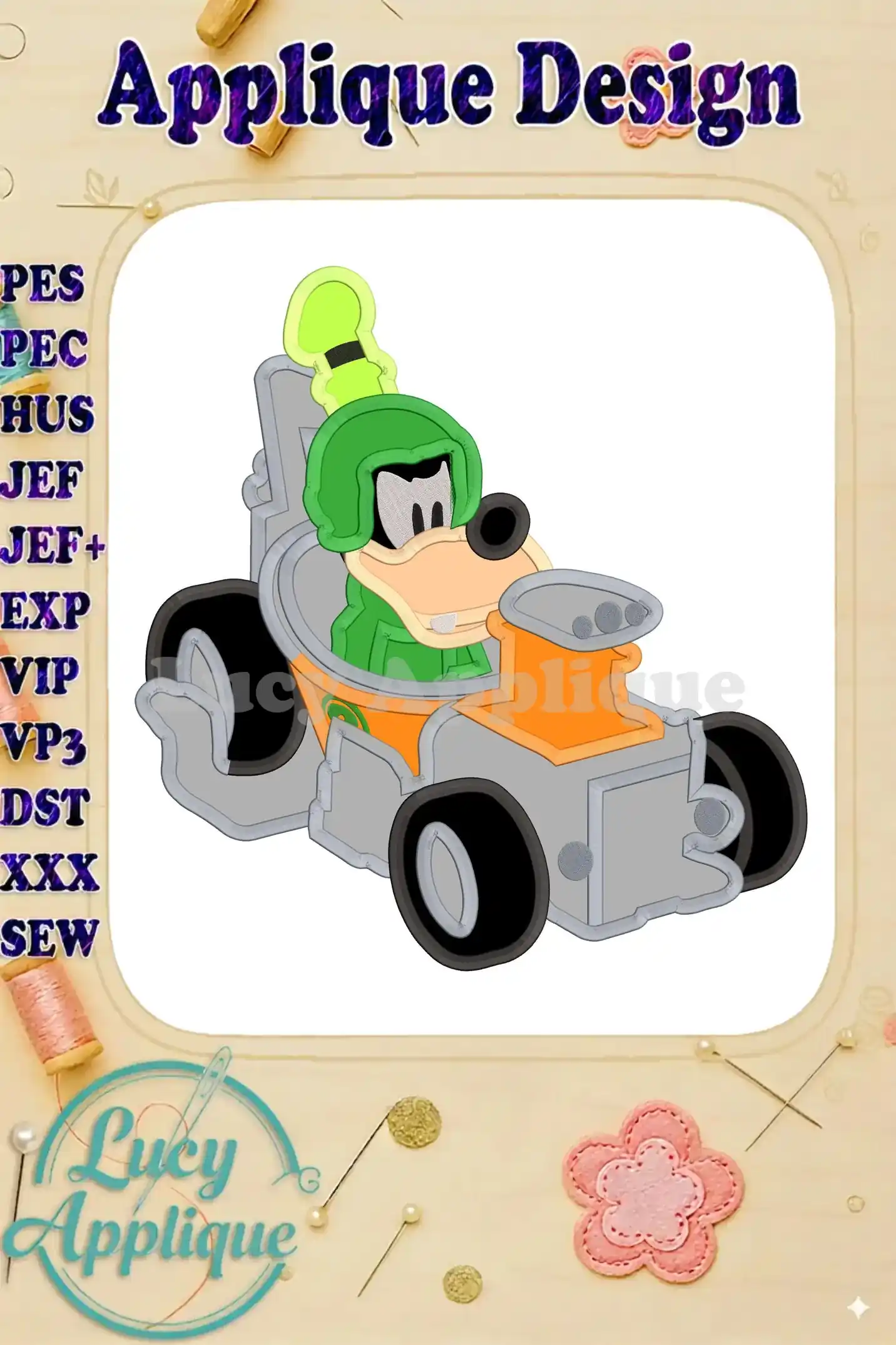 Embroidery design of Goofy in a race car, applique style. The design is shown on a white background with various file formats listed. Perfect for adding a fun, cartoonish element to your projects.