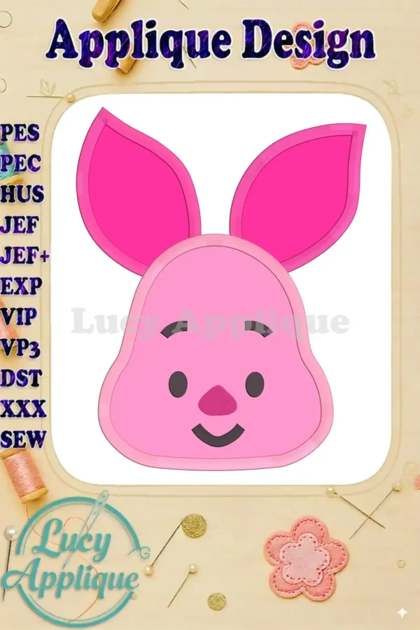 A charming applique design of Winnie the Pooh's Piglet, ready to be stitched. The image shows the design's outline and various file formats supported.