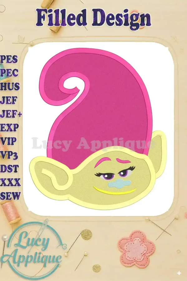 A vibrant, filled embroidery design of Mandy Troll's head, showcasing her pink hair, cheerful expression, and unique features. Perfect for various crafting projects.