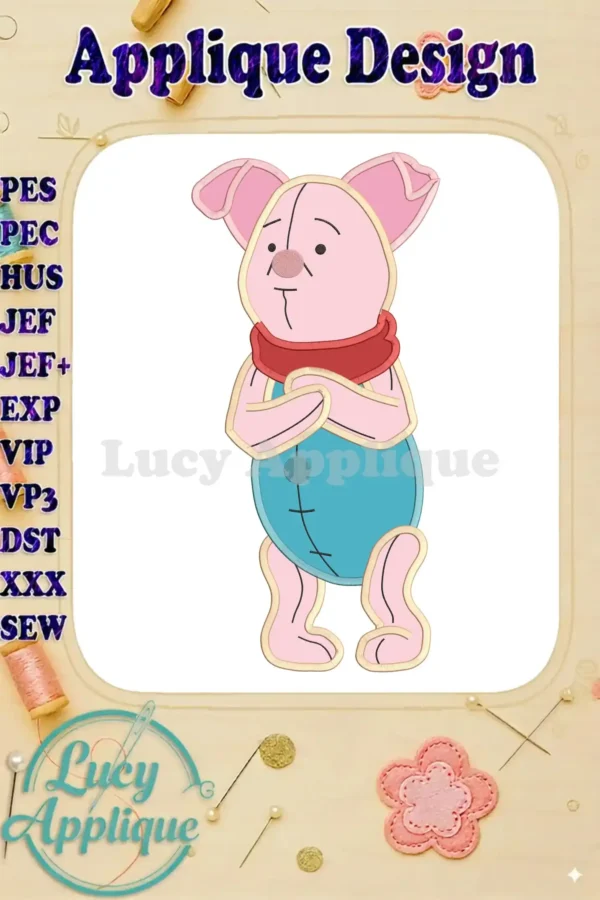 Adorable Piglet applique embroidery design in various formats (PES, PEC, HUS, JEF, JEF