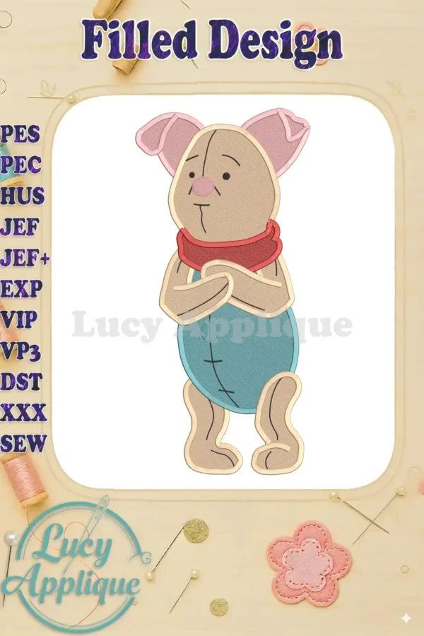 Embroidery design of Piglet from Winnie the Pooh with arms crossed, wearing a red scarf. The design is in a filled stitch style, perfect for creating a cute and charming applique.