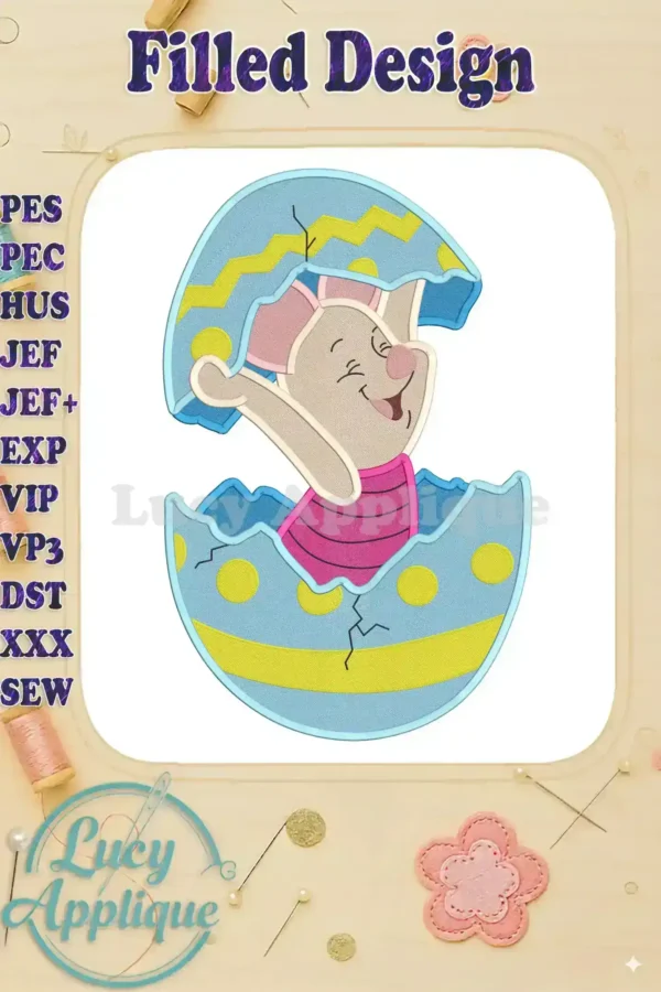 Embroidery design of Piglet from Winnie the Pooh hatching from an Easter egg. Filled stitch design in multiple formats. Perfect for Easter projects!