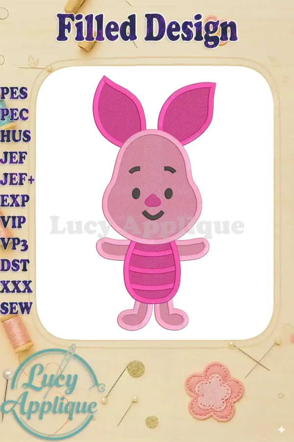 A charming machine embroidery design of Piglet from Winnie the Pooh. The design showcases filled stitches, creating a soft, cuddly appearance. Ideal for apparel, home decor, or gifts.