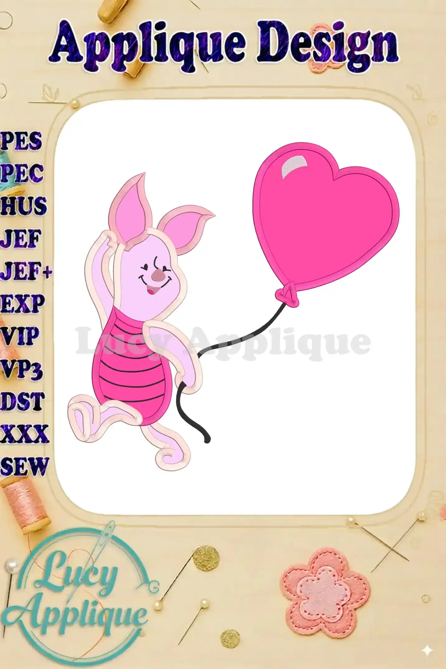 Piglet Winnie the Pooh applique embroidery design with a heart-shaped balloon. The design is shown in pink and white, ready to be stitched.