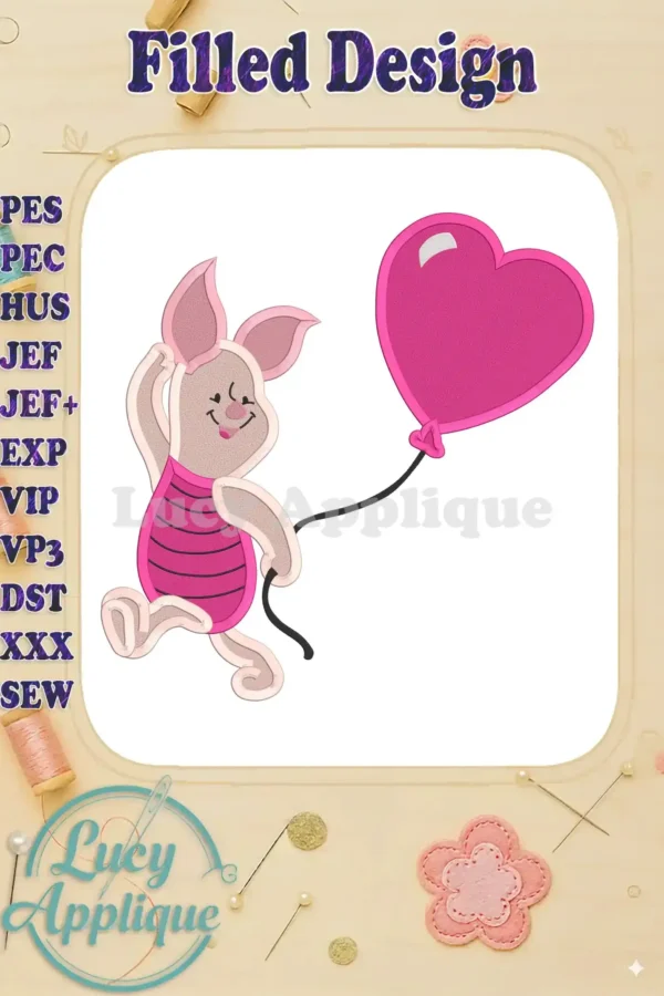 Embroidery design of Piglet from Winnie the Pooh holding a heart-shaped balloon. The design is in pink and green, suitable for various fabrics.