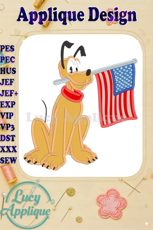 Pluto, the beloved Disney dog, proudly holds an American flag. This charming applique design is perfect for patriotic projects and features detailed stitching.