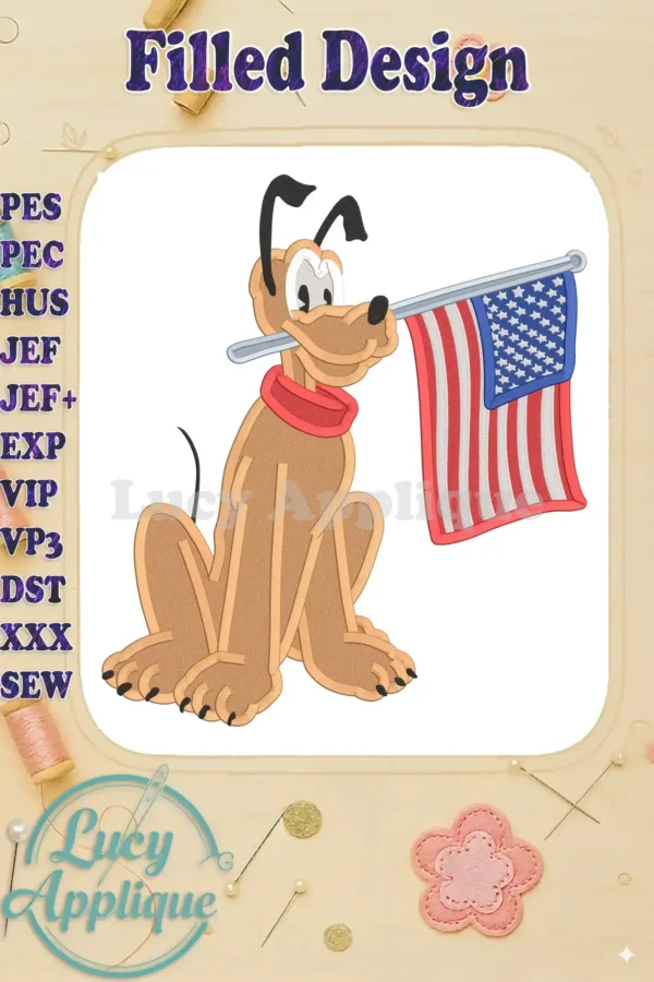 Adorable Pluto, Disney's lovable dog, sits proudly holding an American flag. This filled embroidery design is perfect for patriotic projects.