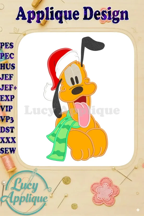 Adorable Pluto wearing a Santa hat and scarf, ready for Christmas! This applique design is available in multiple formats for various embroidery machines.