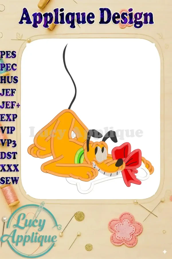 Adorable Pluto Christmas applique design, lying down with a red bow, ready for embroidery. The design includes various stitch types for a detailed finish. Perfect for festive projects!