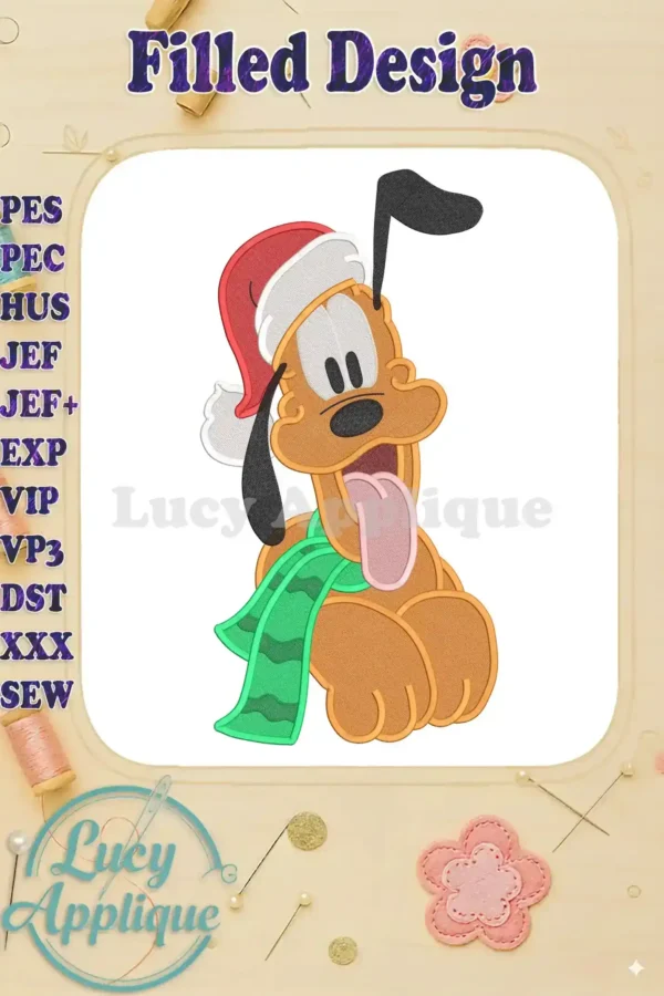 Adorable Pluto wearing a Santa hat and green scarf, perfect for Christmas! This filled embroidery design is shown on a light brown fabric, ready to stitch.